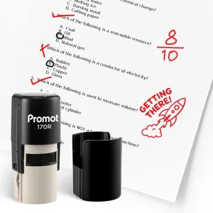 Black self inking stamp and removable cap displayed beside a graded science worksheet marked with red check marks, an “8/10” score, and a rocket stamp that says “GETTING THERE!” The worksheet includes multiple choice science questions, and this ink stamp