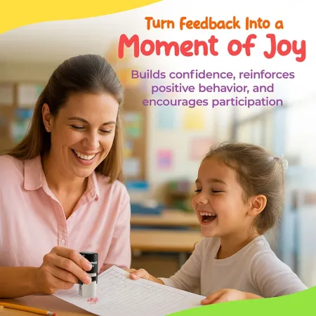 Smiling teacher stamps a student worksheet while a young girl laughs beside her in a classroom. A small rocket stamp impression appears on the paper. Text on the image says “Turn Feedback Into a Moment of Joy. Builds confidence, reinforces positive behavi