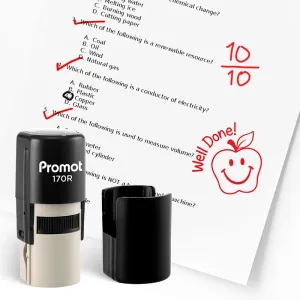 Black self inking teacher stamp and removable cap displayed beside a graded science worksheet marked with red check marks and a “10/10” score. A red apple stamp on the page says “Well Done!” showing how the classroom stamp can be used to reward student ac