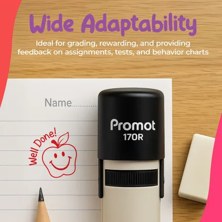 Black self inking teacher stamp placed on lined paper beside a pencil and a red “Well Done!” apple stamp impression on a wooden desk. Text on the image says “Wide Adaptability. Ideal for grading, rewarding, and providing feedback on assignments, tests, an