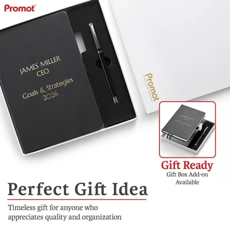 Gift box with a black personalized leather journal and matching pen, featuring custom gold embossing for a thoughtful gift.