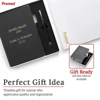 Gift box with a black personalized leather journal and matching pen, featuring custom gold embossing for a thoughtful gift.