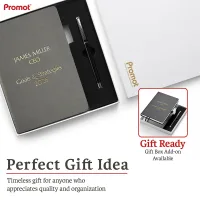 Gift box with a gray engraved notebook and pen, a personalized leather journal presented as a ready-to-gift set.