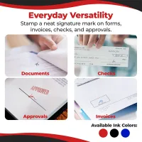Round signature stamp impressions shown on documents, checks, approvals, and invoices with ink color options