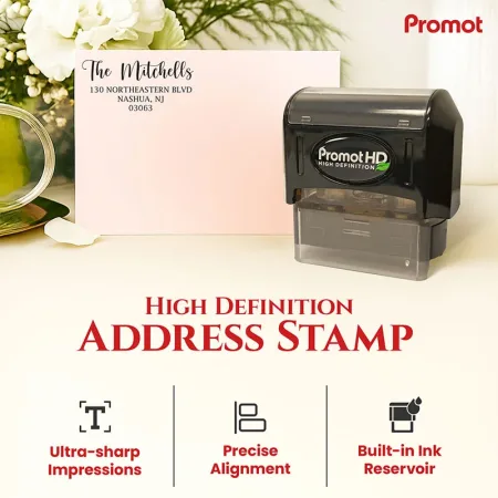 Personalized address stamp displayed beside a stamped envelope with high-definition print quality