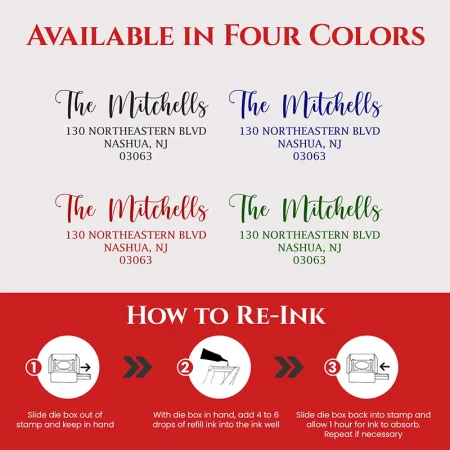 Personalized address stamp showing four ink color options and pre-inked refill instructions