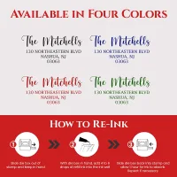 Personalized address stamp showing four ink color options and pre-inked refill instructions