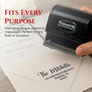Large personalized address stamp creating a return address on an envelope with a pre-inked stamp