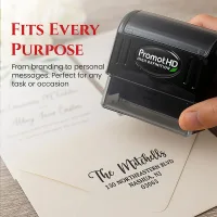 Large personalized address stamp creating a return address on an envelope with a pre-inked stamp