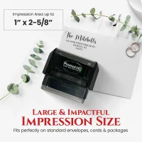 Large personalized address stamp displayed beside a stamped envelope with high-definition print quality