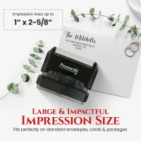 Extra large personalized address stamp displayed beside a stamped envelope with high-definition print quality