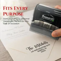 Extra large personalized address stamp showing four ink color options and pre-inked refill instructions
