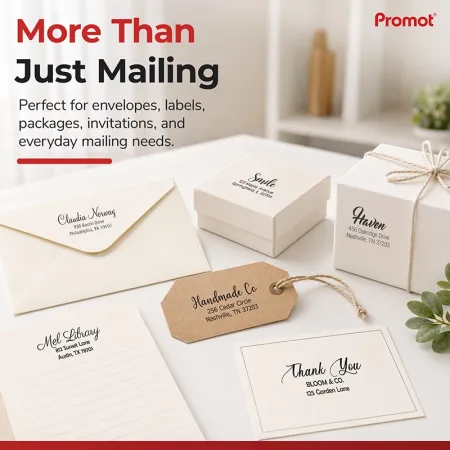 Mailing envelopes, gift boxes, labels, and tags look more professional with a custom Address Stamp.