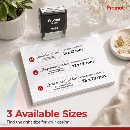 Compare impression sizes before selecting the right small self-inking address stamp for your needs.