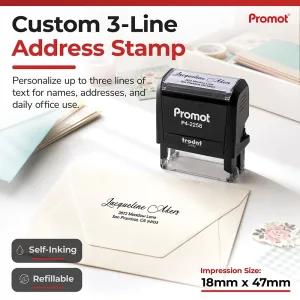 A medium self-inking address stamp displayed with a crisp three-line return address on a mailing envelope.