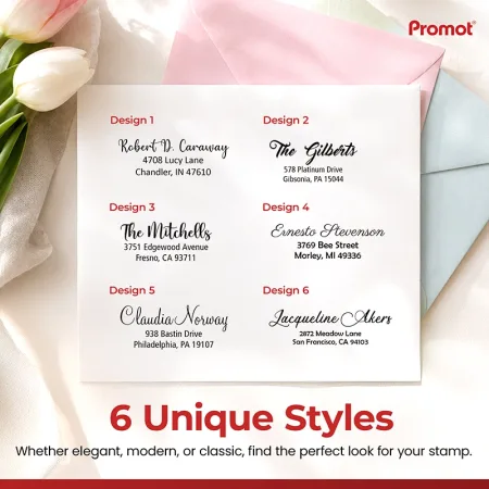 Compare six unique layouts for a medium self-inking address stamp to match your style.