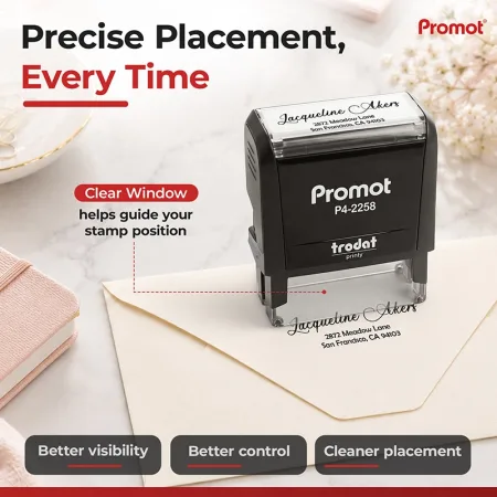 Stamp neatly every time with the clear guide on this medium self-inking address stamp.
