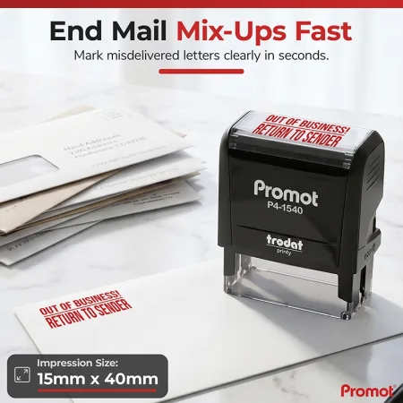 Misdelivered mail beside a return to sender stamp, highlighting the 15 × 40 mm impression size for quick identification.