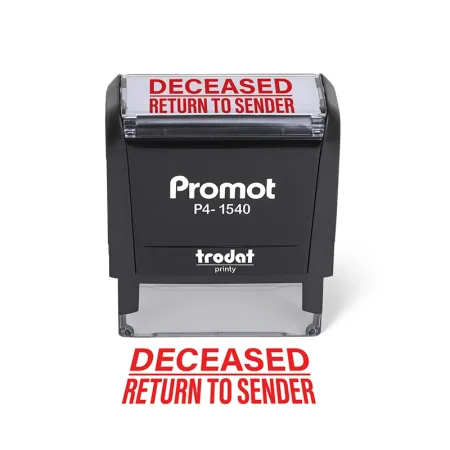 Front view of the small deceased return to sender stamp with a bold red imprint on a self-inking stamp.