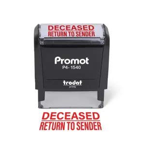 Front view of the small deceased return to sender stamp with a bold red imprint on a self-inking stamp.