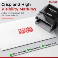 Crisp red impression from a self-inking deceased return to sender stamp provides a clear, easy-to-read mail marking.