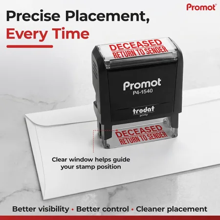 Clear positioning window on the deceased return to sender self-inking stamp helps align the stamp accurately on envelopes.