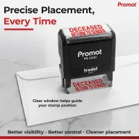 Clear positioning window on the deceased return to sender self-inking stamp helps align the stamp accurately on envelopes.