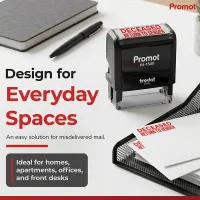Compact deceased return to sender stamp displayed on a desk with incoming mail, ideal for homes, apartments, offices, and front desks.