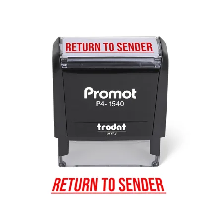 Front view of the small return to sender stamp with a bold red imprint on a self-inking stamp.