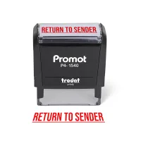 Front view of the small return to sender stamp with a bold red imprint on a self-inking stamp.