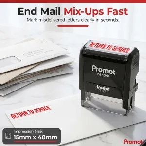 Small return to sender stamp beside misdelivered mail, showing the 15 × 40 mm impression size.