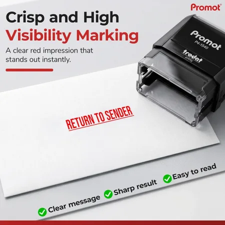 Hand using a small return to sender stamp to quickly mark an envelope with a clean, consistent impression.