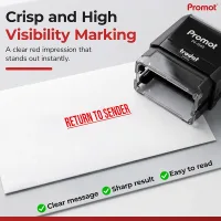 Hand using a small return to sender stamp to quickly mark an envelope with a clean, consistent impression.