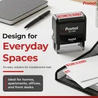 Compact return to sender stamp displayed on a desk with incoming mail, ideal for homes, apartments, offices, and front desks.