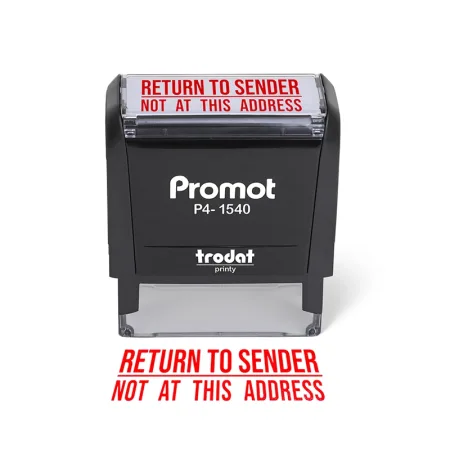Front view of the return to sender not at this address stamp with a compact self-inking design and bold red imprint.
