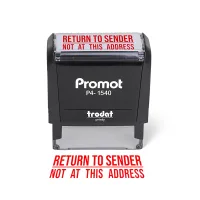 Front view of the return to sender not at this address stamp with a compact self-inking design and bold red imprint.