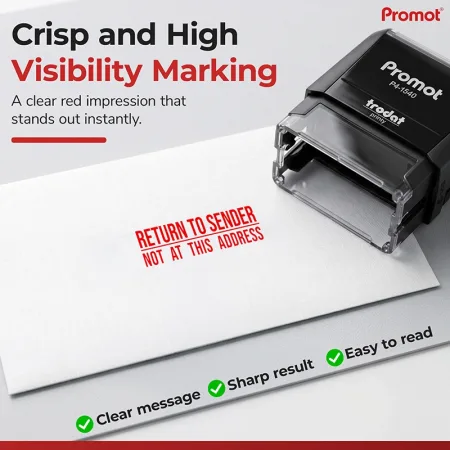 A crisp red impression from the self-inking return to sender stamp makes misdelivered mail easy to identify.