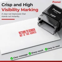 A crisp red impression from the self-inking return to sender stamp makes misdelivered mail easy to identify.