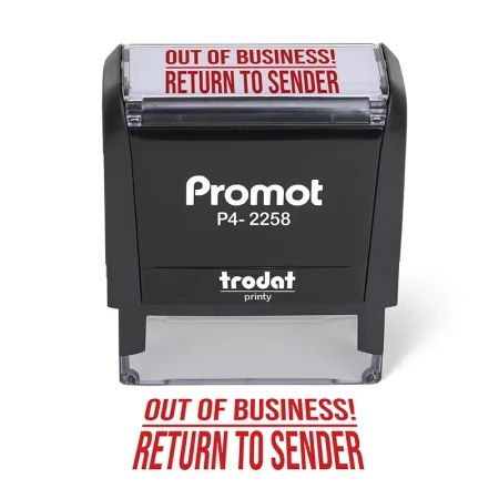 Front view of the out of business return to sender stamp with a bold red imprint on a large self-inking stamp.