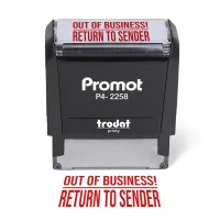 Front view of the out of business return to sender stamp with a bold red imprint on a large self-inking stamp.