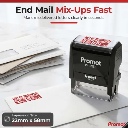 Misdelivered mail beside an out of business return to sender stamp, showing the large 22 × 58 mm impression size.