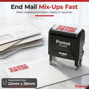 Misdelivered mail beside an out of business return to sender stamp, showing the large 22 × 58 mm impression size.