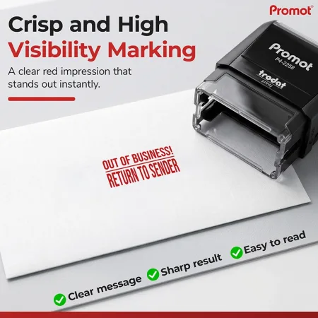 Crisp red impression from a self-inking out of business return to sender stamp stands out clearly on an envelope.