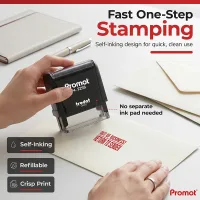 Hand using an out of business return to sender stamp to mark an envelope quickly without a separate ink pad.