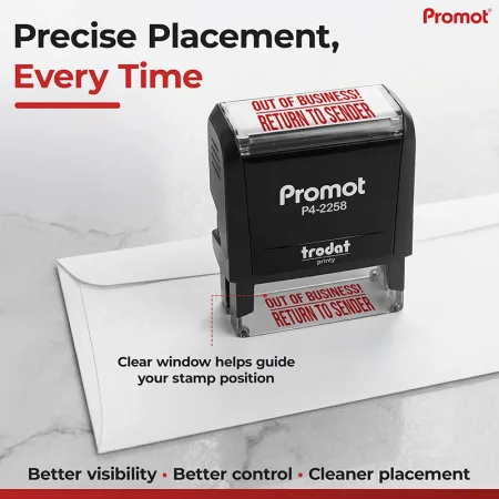 The clear positioning window helps align the out of business return to sender stamp for accurate placement.