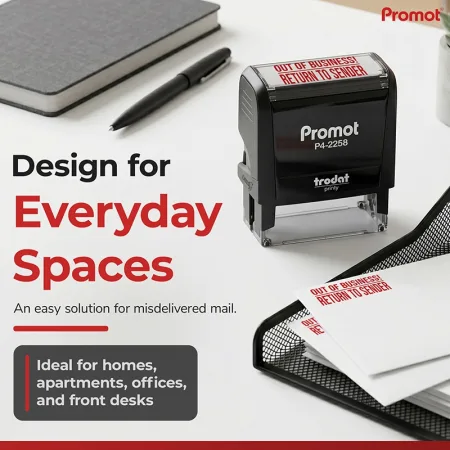 Large out of business return to sender stamp displayed on a desk with incoming mail for offices and reception areas.