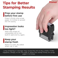 Care tips for the self-inking out of business return to sender stamp, including re-inking and proper storage.