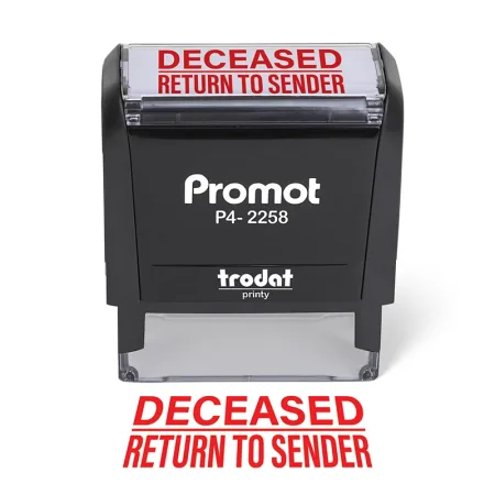 Front view of the deceased return to sender stamp with a bold red imprint on a large self-inking stamp