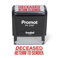 Front view of the deceased return to sender stamp with a bold red imprint on a large self-inking stamp