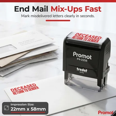 Misdelivered mail beside a deceased return to sender stamp, highlighting the large 22 × 58 mm impression size.